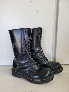 Vintage Dr Martens 9813 Combat Boots UK 6 Black Tall 14-Eye Lace Up Made England